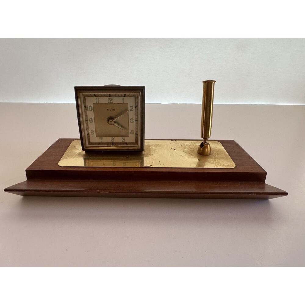 Vintage Florn Germany Desk Clock & Pen Stand Set MCM Wood Brass - FOR PARTS